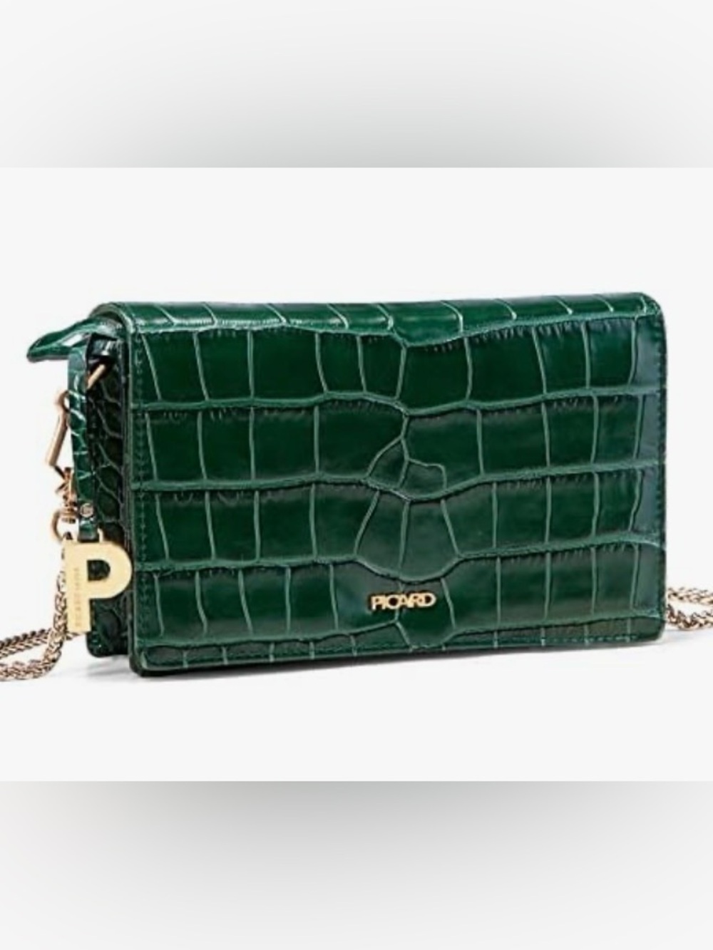 PICARD Croc-Embossed Emerald Crossbody with Gold Charm